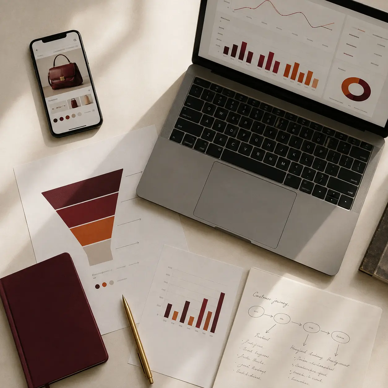 Análise de dados de e-commerce em computador e materiais de planejamento