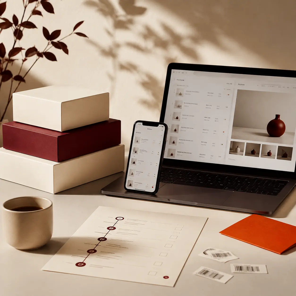 Planejamento de e-commerce com computador, celular e materiais estratégicos